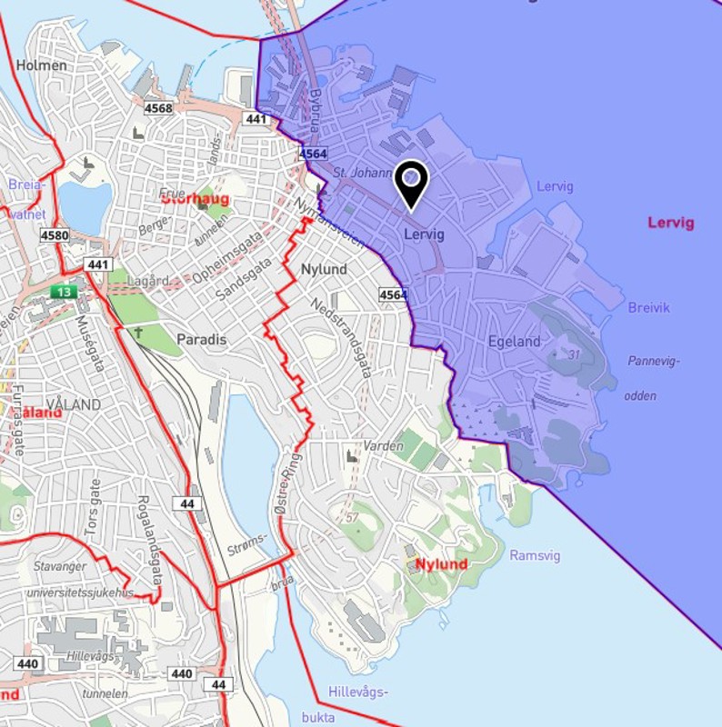 Kart som viser skolekretsene på Storhaug