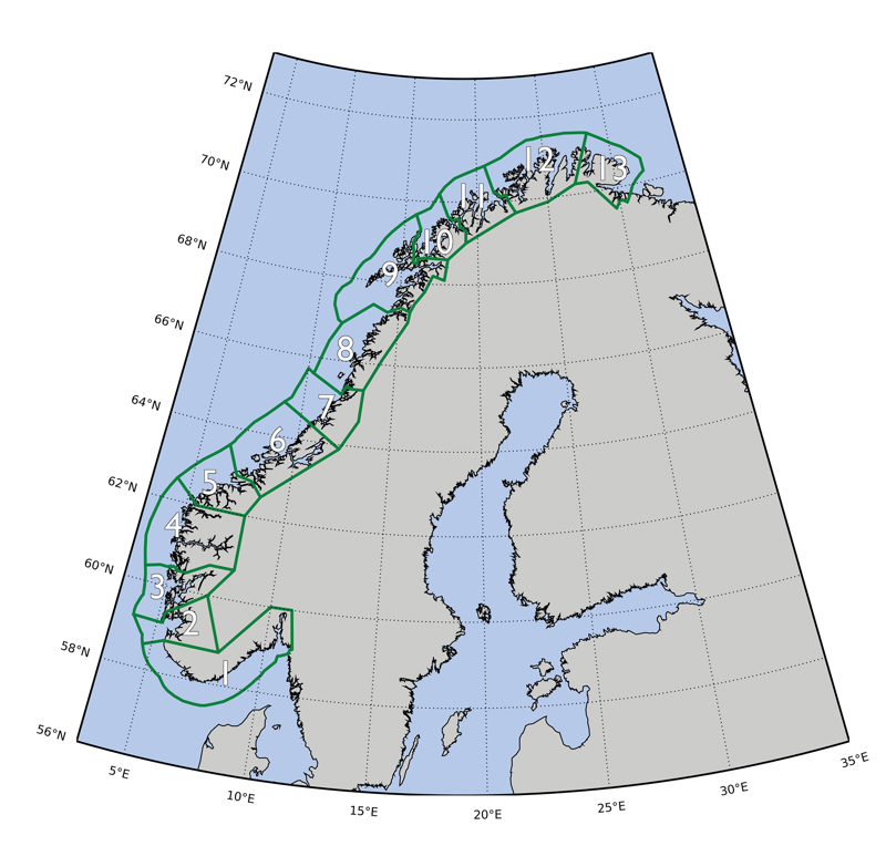 Norgeskart med produksjonsområder for oppdrettslaks, uten fargekoder