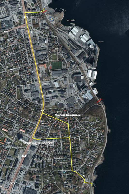 Gansfjordruta er stengt fra Mariero stasjon til Esso-tomta. Gul markering viser alternativ rute.