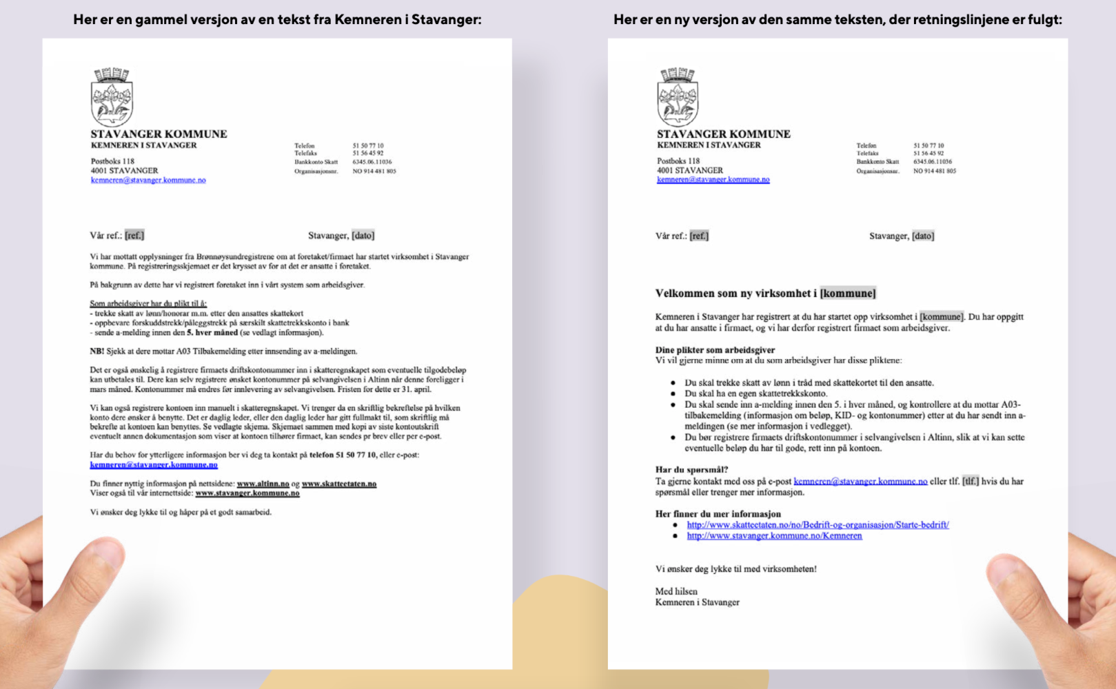 Eksempler på et brev før (til venstre) og etter (til høyre).