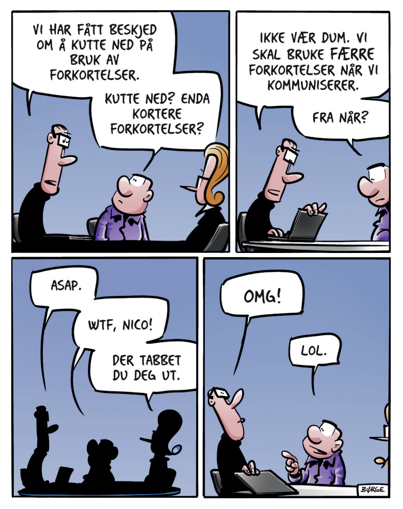 Nico snakker med Kjell og Vanessa om å bruke færre forkortelser.