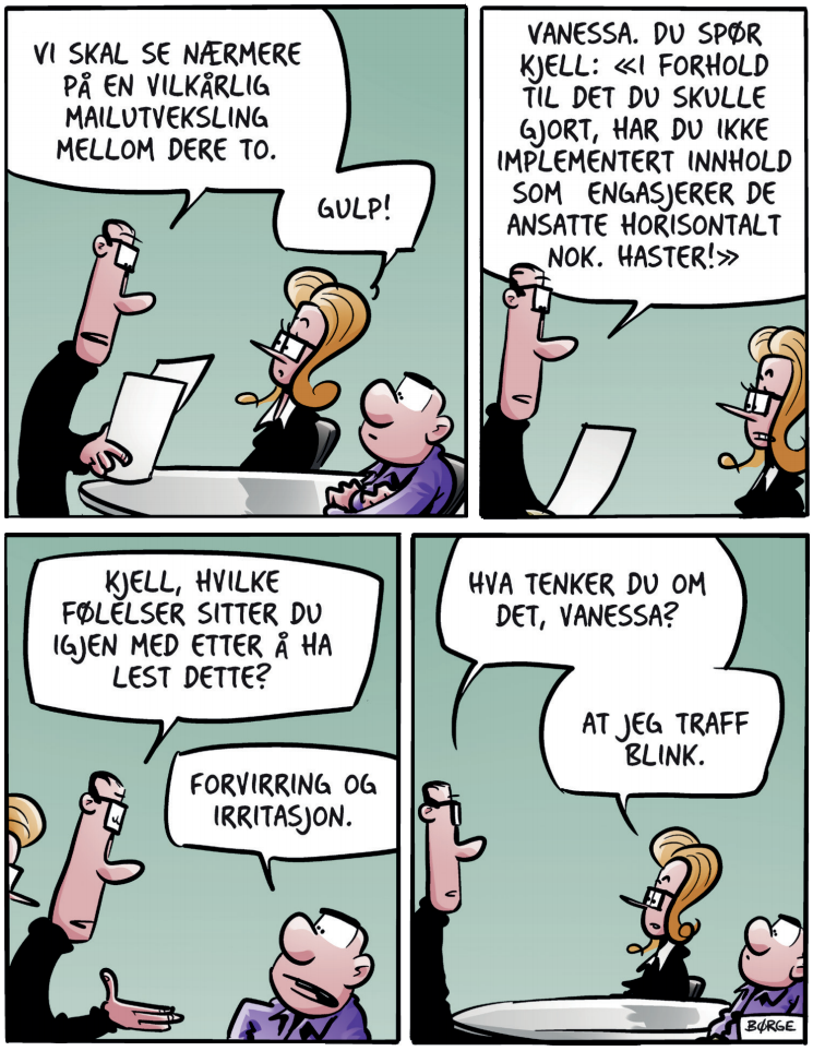 Lunch-stripe der Nico snakker med Vanessa og Kjell om språkbruken til Vanessa.