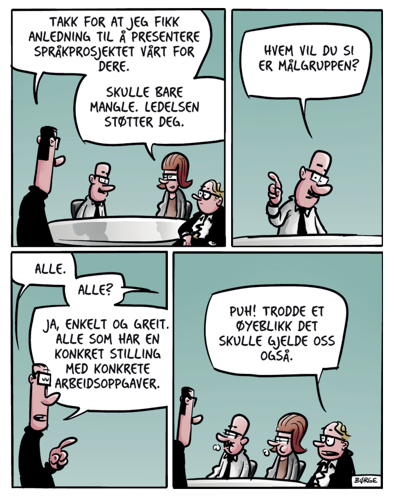 Nico takker tre personer i ledelsen for at han fikk presentere språkprosjektet for dem.