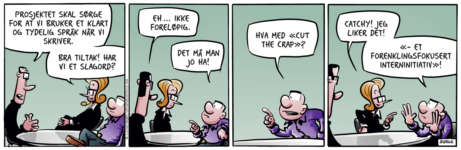 Lunch-tegneserie der språkprosjektet presenteres for to ansatte.