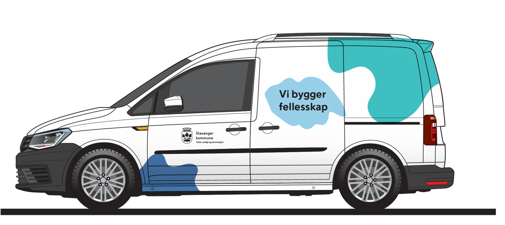 En bil med øyformer i fargene himmelblå, mint og blå, og kommunelogo med "Vann, avløp og renovasjon" under. Visjonen "Vi bygger fellesskap" står i den ene øyformen.