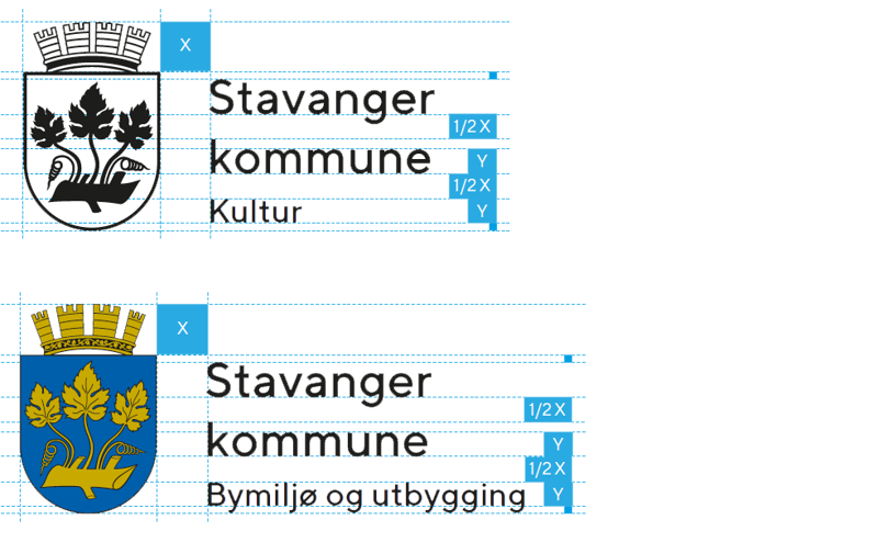 Illustrasjon som viser hvor stort virksomhetsnavnet (f.eks. "Park og vei") skal være. 