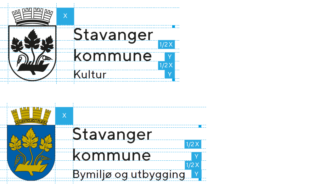 Illustrasjon som viser hvor stort virksomhetsnavnet (f.eks. "Park og vei") skal være.