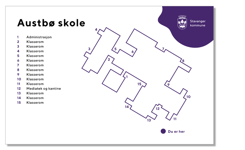 Skilt til skolebygg som viser hvor man står, og oversikt over de ulike byggene. 