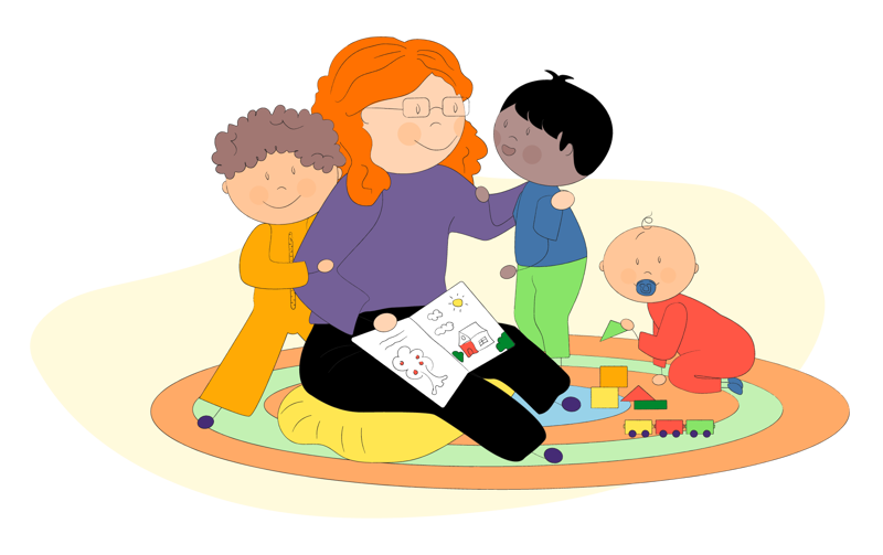 Tegning av barnehageansatt med barn