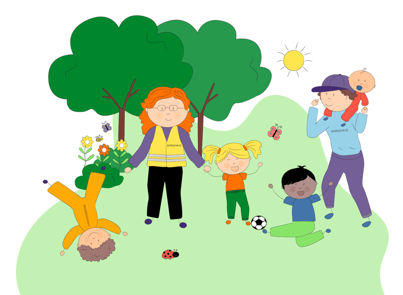 Barnehageansatte og barn på tur i skogen. 