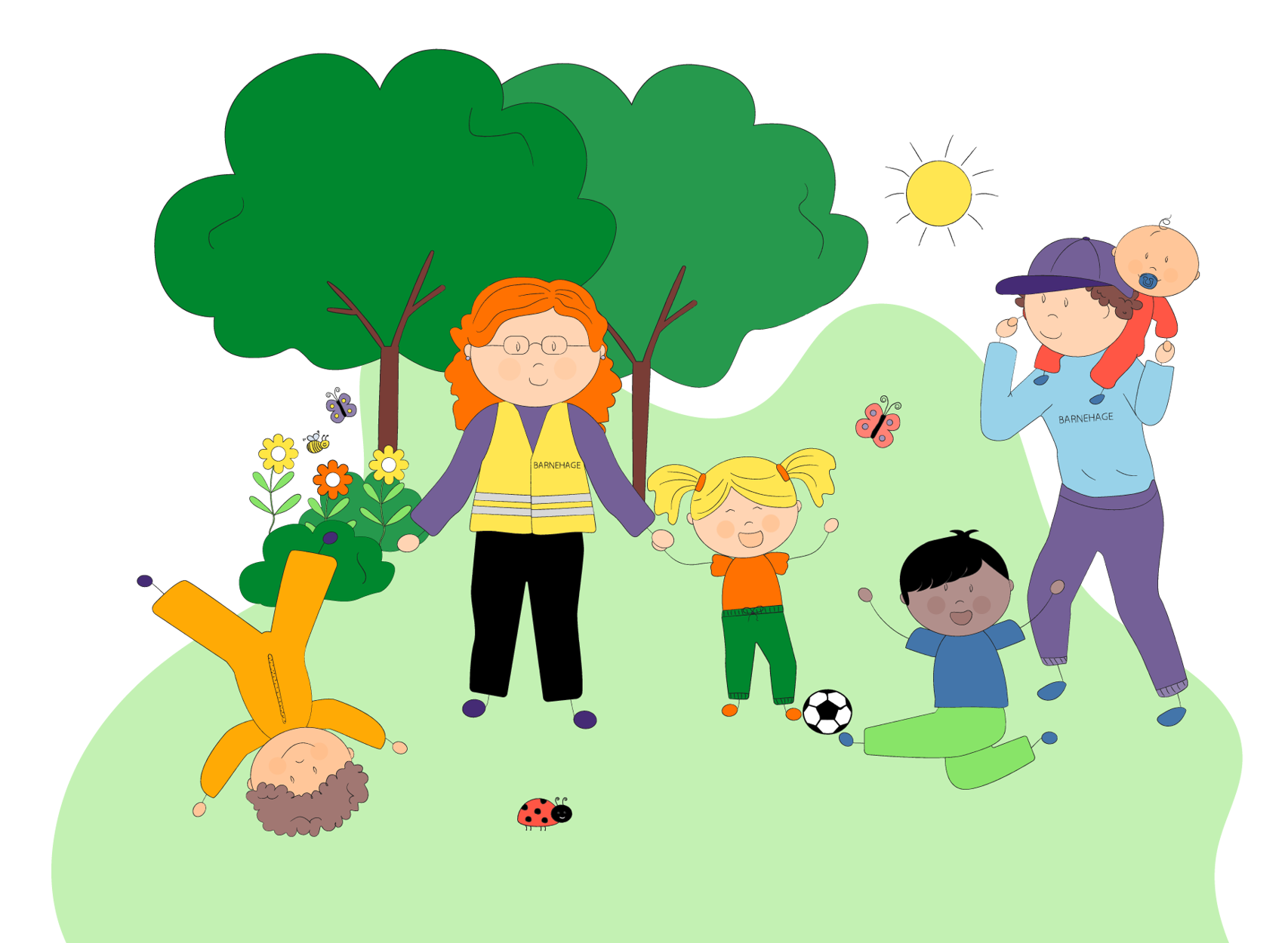 Barnehageansatte og barn på tur i skogen.