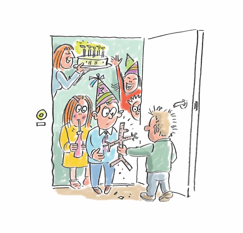 Illustrasjon fødselsdag, barn gir pinne i gave.