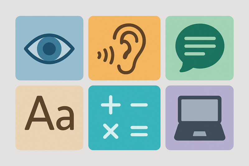 Illustrasjon som viser spesialpedagogiske områder som syn, hørsel, kommunikasjon, språk, matematikk og digitale hjelpemidler.