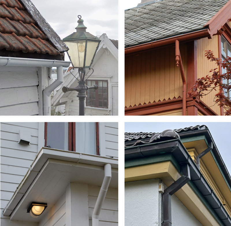 Fire ulike stilriktige takrenner og nedløp.