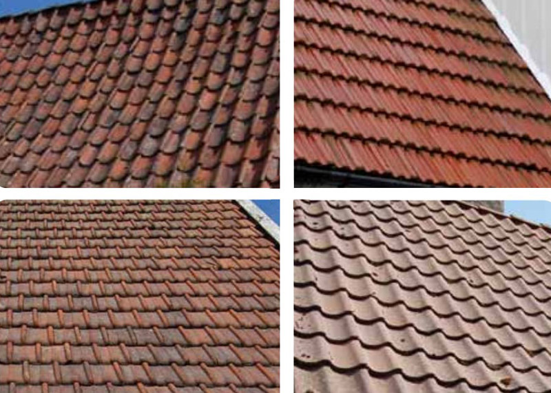 Fire typer røde takpanner hvorav tre er ulike teglpanner og en er betong