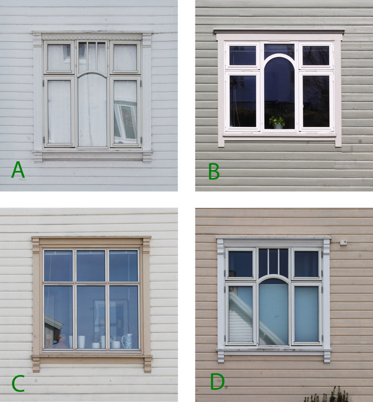 Fire nyere vinduer som etterligner et pent, gammelt jugendvindu med varierende hell.