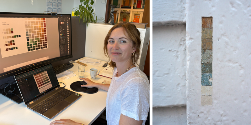 Ung dame foran en skjerm med fargepaletter. Bilde av en gammel vegg der det er skrapt ned til tidligere malingslag. 