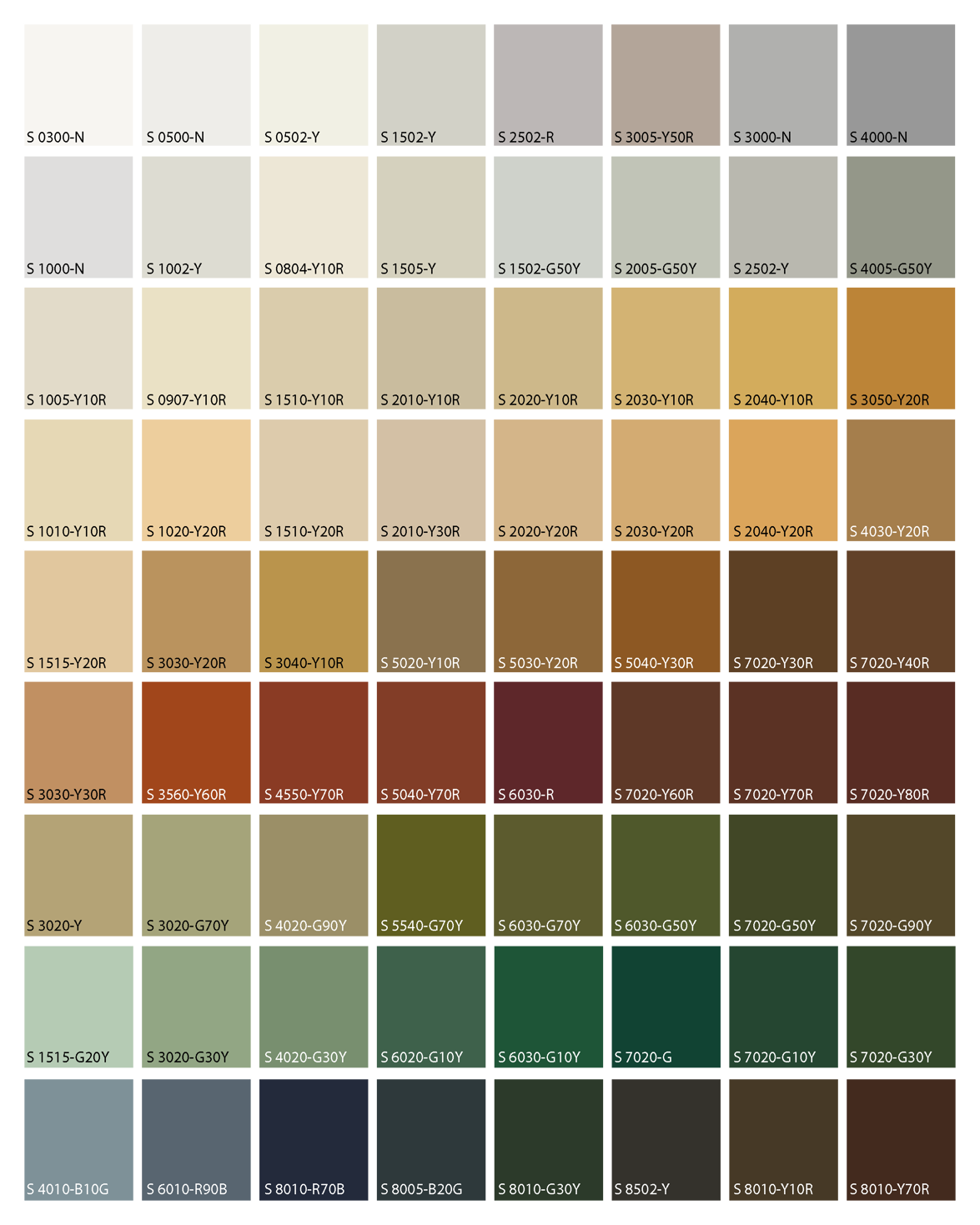 Et rutenett på 8x9 ruter i mange forskjellige farger. Mye hvitnyanser og okernyanser, deretter et knippe rødlige, grønnlige og blålige toner.