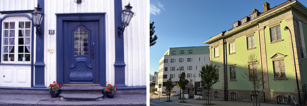 Et gammelt hvitt bygg med blå dør og blå dekorative søyler på fasaden. Et grønt murbygg i nyklassisistisk stil.