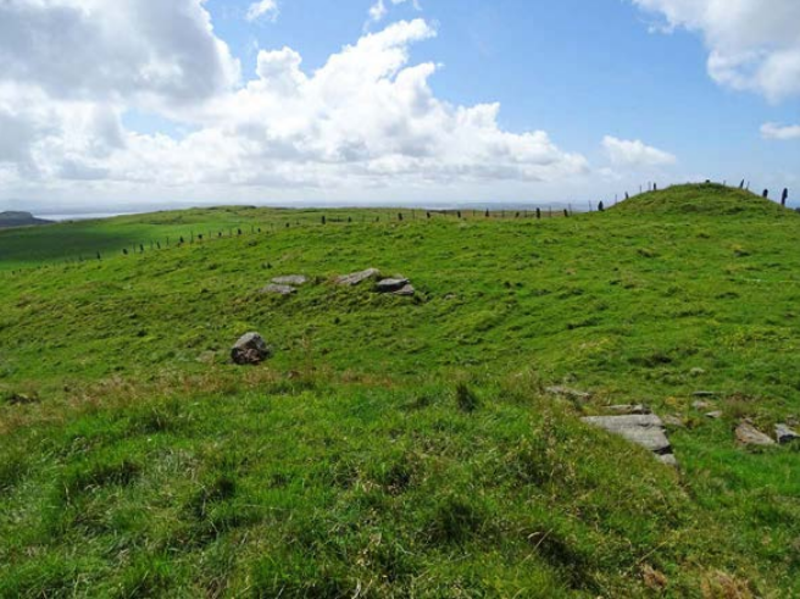 Grønne marker mot blå himmel med lette skyer. Karakteristisk piggsteinsgjerde går over marka, til dels i silhuett mot himmelen og fjernere landskap i bakgrunnen. Gjerdet går også over gravhaug, som ligger i silhuett mot himmelen.