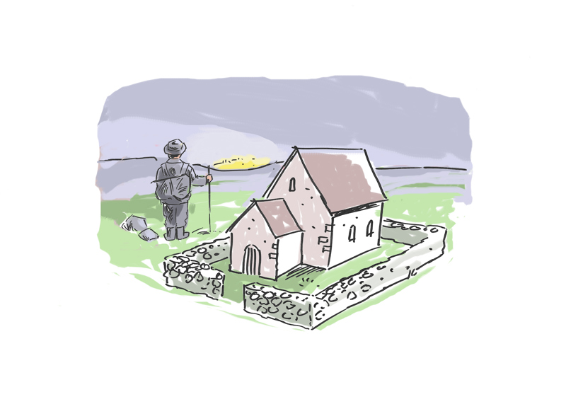 Skisse av steinkirke i solnedgang