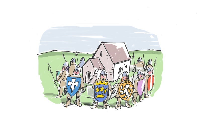 Tegning av kulturminne i form av steinkirke, omgitt av voktere med ulike "våpenskjold"; Rogaland fylkeskommune, Stavanger kommune og Riksantikvaren, med flere