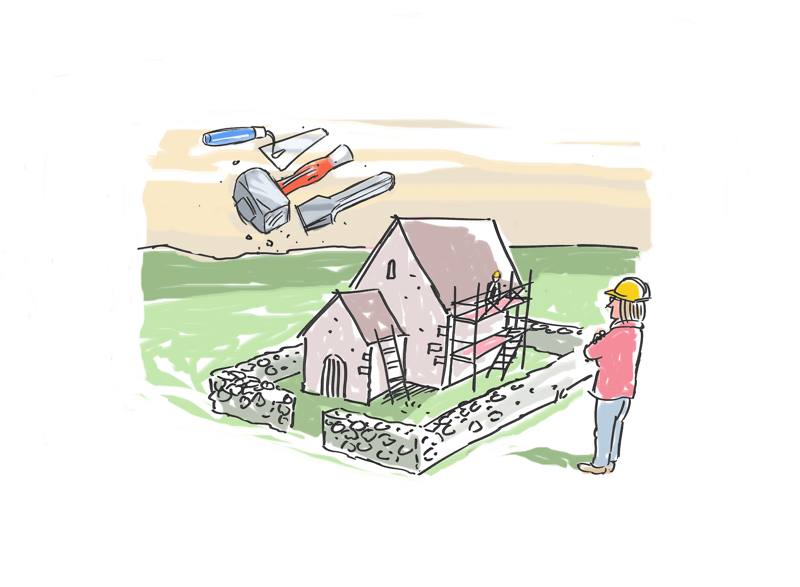 Tegning av kulturminne i form av steinkirke, med stillas og murer- og steinhuggerverktøy