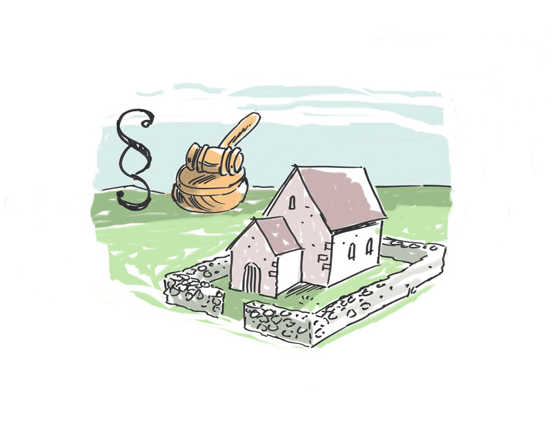 En tegning av et kulturminne i form av en steinkirke, med paragrafsymbol og dommerklubbe