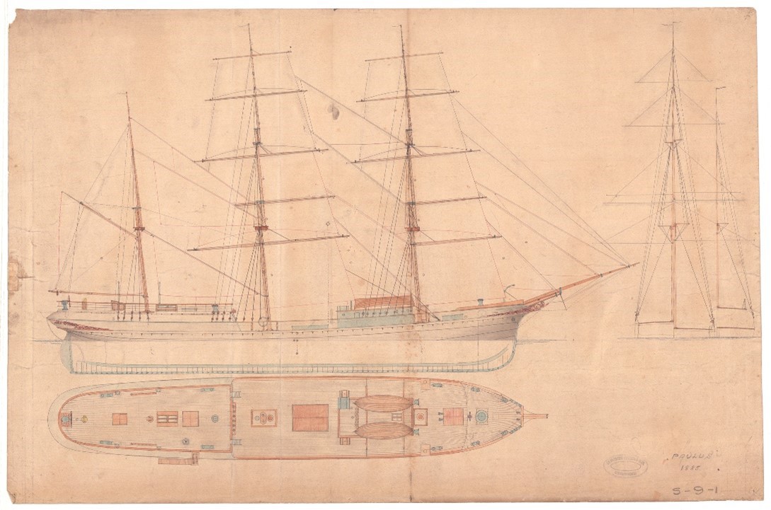 Tegning av seilskip med tre master