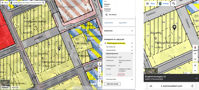Skjermdumper av kartsider som viser hvordan du kan finne reguleringsbestemmelser.