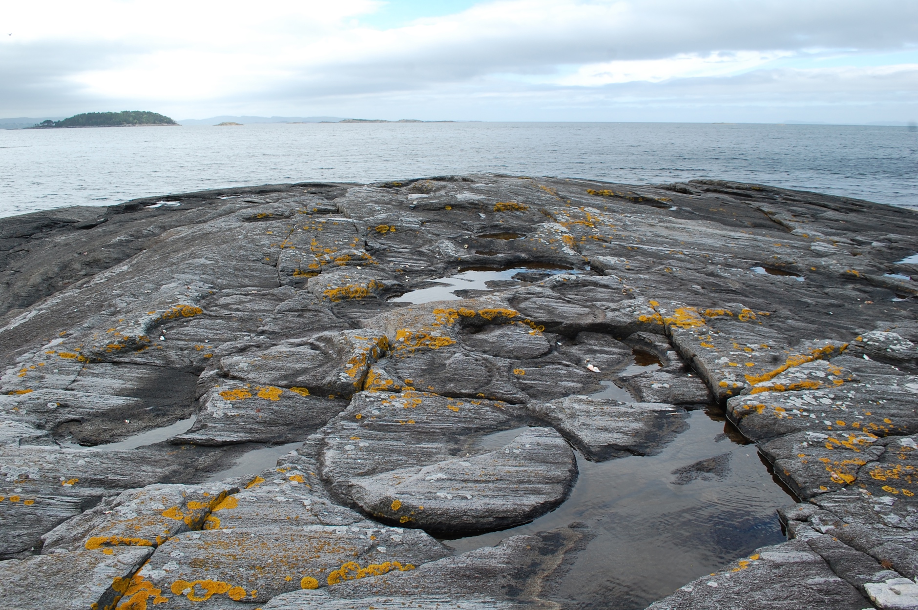 Bilde av svaberg ved fjorden, med tydelige spor etter uttak av kvernsteiner.