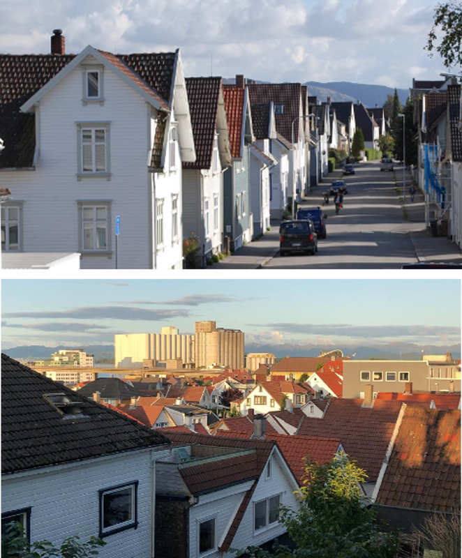 Eksempler på at takene i trehusbyen er godt synlige. Ikke bare fra fugleperspektiv, men også i øyenhøyde. 