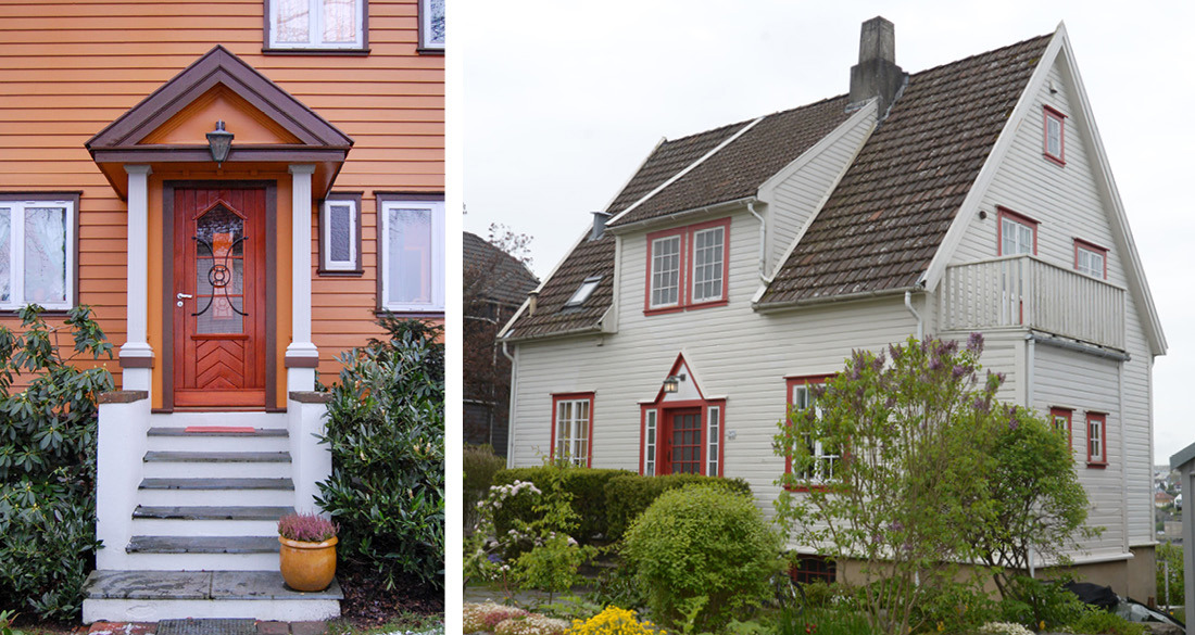 Nyklassisistisk inngangsparti med søyler og gavltrekant. Typisk nyklassisistisk hus med småruta vinduer.