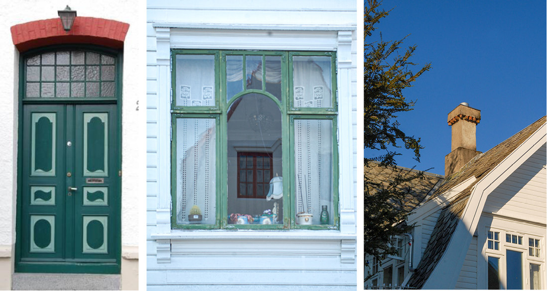 En inngangsdør, et typisk vindu og en dekorativ pipe.