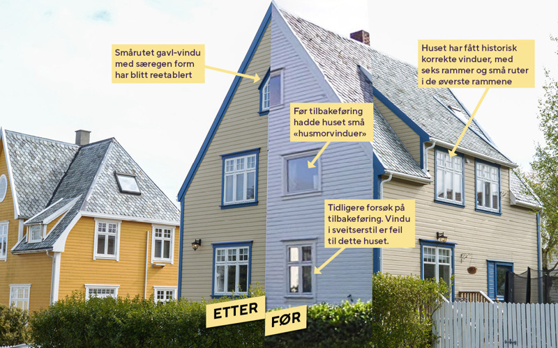 Nyklassisistisk gult hus med spisst tak. Halve huset er et bilde fra noen tiår siden, med feil vinduer, men nå har huset fått sin opprinnelige stil tilbake. 