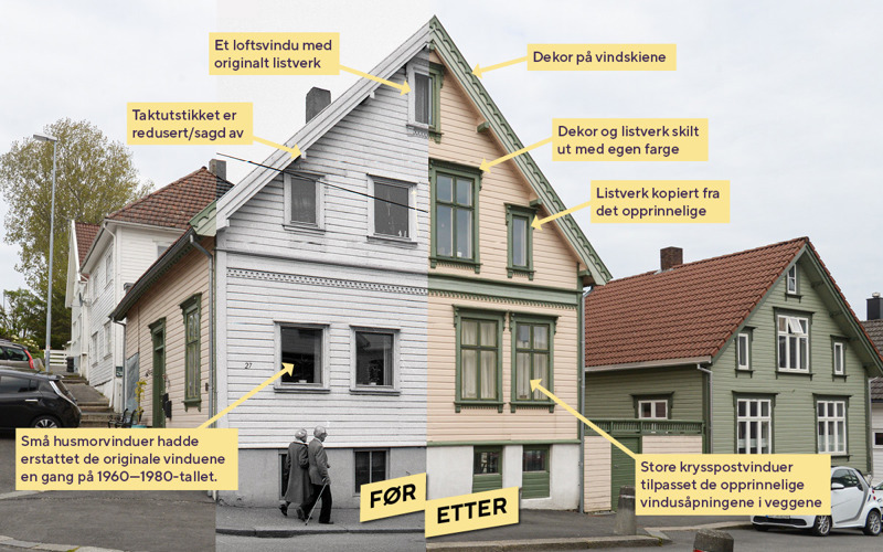 Et hus i sveitserstil, før og etter tilbakeføring. 