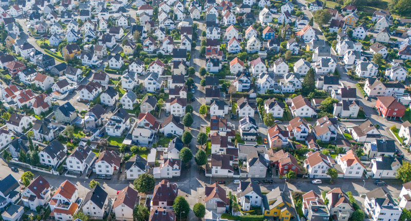 Trehusbyen sett fra lufta VÅLAND. Foto: Kommunens dronegruppe i avd. kart og digitale tjenester