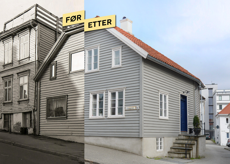 Et klassisistisk hus fra 1865 som hadde fått husmorvinduer og betongpanner på 1980-tallet. Nå har det igjen blitt «som nytt». Her fantes det god dokumentasjon på opprinnelig utseende.
