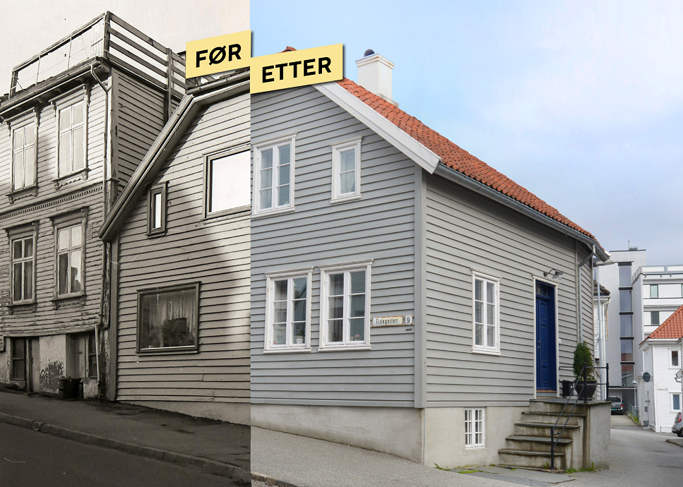 Et klassisistisk hus fra 1865 som hadde fått husmorvinduer og betongpanner på 1980-tallet. Nå har det igjen blitt «som nytt». Her fantes det god dokumentasjon på opprinnelig utseende.
