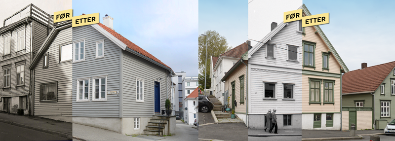 To hus før og etter tilbakeføring til opprinnelig utseende. 