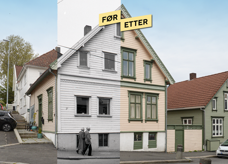 Dette sveitserhuset i Normanns gate har fått sjelå tilbake! Mange hus i trehusbyen ble i en periode forsynt med såkalt husmorvinduer: Store vinduer uten sprosser. Når disse skal byttes ut med stilhistorisk riktige vinduer, er det viktig å finne tilbake til de opprinnelige vindusåpningene.