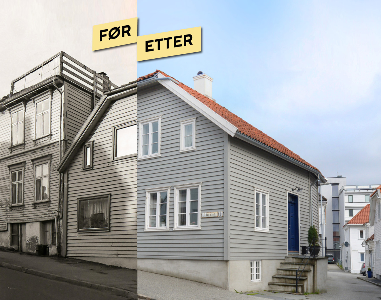 Et klassisistisk hus fra 1865 som hadde fått husmorvinduer og betongpanner på 1980-tallet. Nå har det igjen blitt «som nytt». Her fantes det god dokumentasjon på opprinnelig utseende.