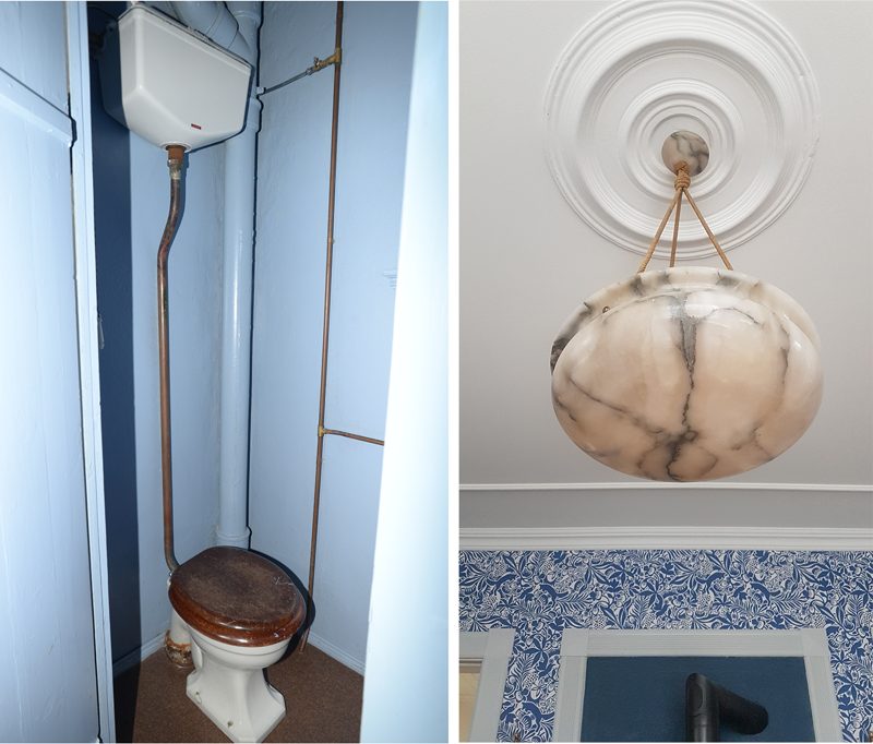 gammeldags toalett og flott taklampe