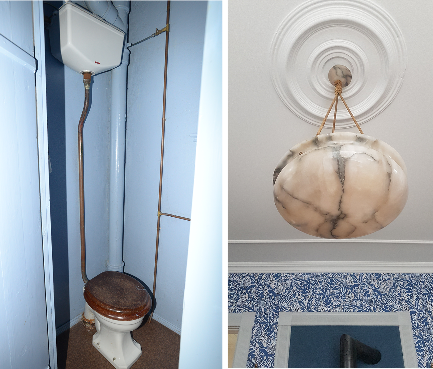 gammeldags toalett og flott taklampe
