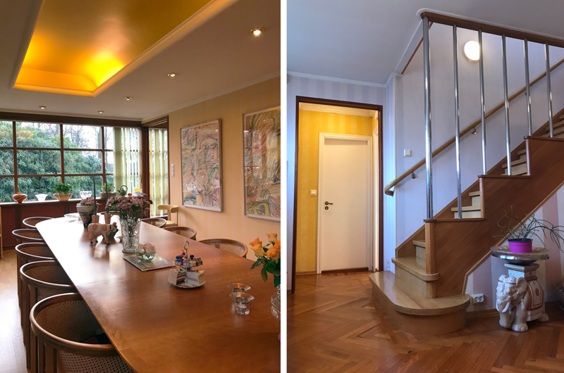 Store vindusflater som slipper inn mye dagslys, er typisk for funksjonalismen. Legg også merke til den spesielle himlingen i spisestuen og den elegante trappen.