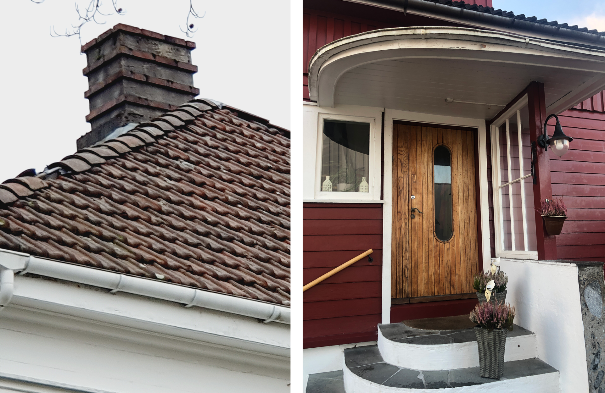 Sjekk de horisontale "stripene" på denne pipen! Funkishus kan også ha innslag av runde former, som inngangspartiet til høyre.