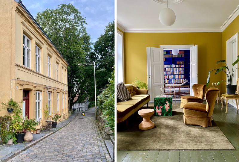 Bygården i Øvre Strandgate ble oppført i 1876, Et fasadebilde og et bilde fra en av de tre fargerike stuene.