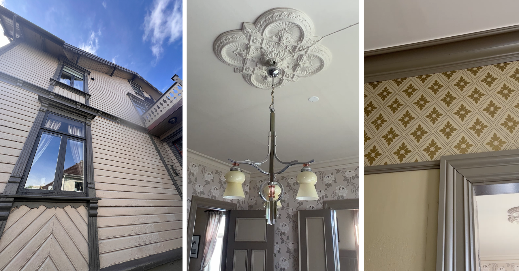 En omhyggelig omsorg for detaljer preger den tidligere postmesterboligen. Her ser vi fasade, taklampe med rosett og mønstrete tapeter inntil malte dørkarmer.