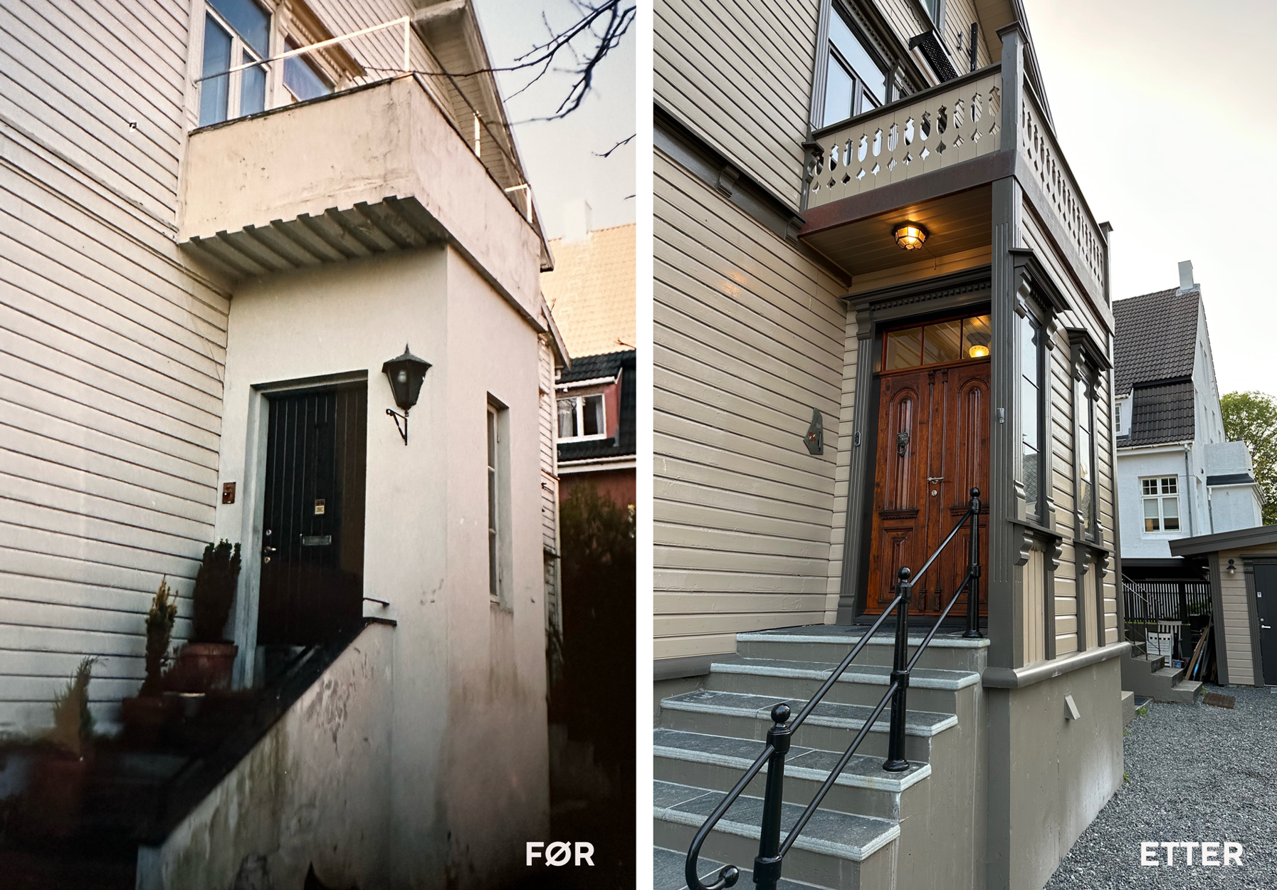 Inngangspartiet fra 1950-tallet er ombygd til sveitserstil og stilriktig inngangsdør er på plass.