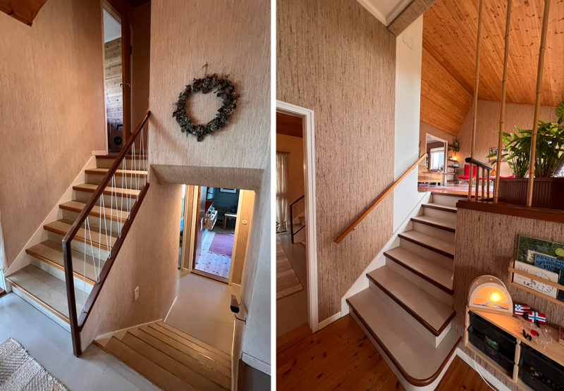 Eneboligen går over halvplan. Trappeløpet og strietapetet i ull er akkurat som i 1958.